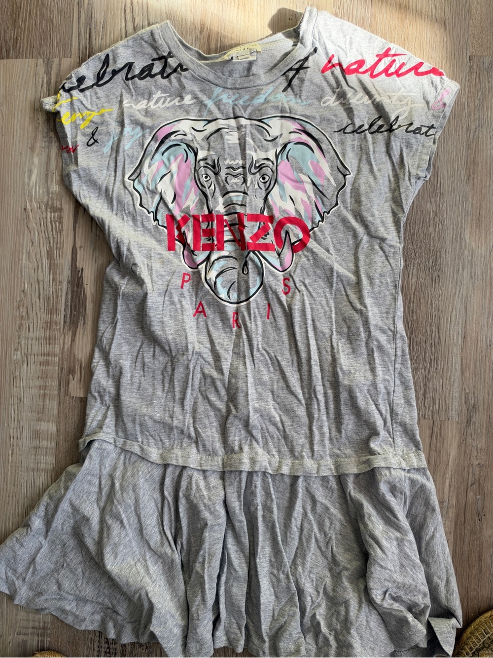 Kenzo Kids Grey Elephant Graphic Dress with Pink & Blue Accents